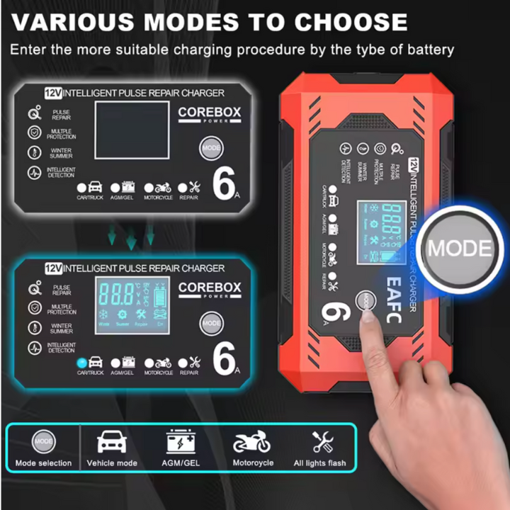 Inteligentní nabíječka baterií do auta 12V/24V - LCD displej & automatická ochrana