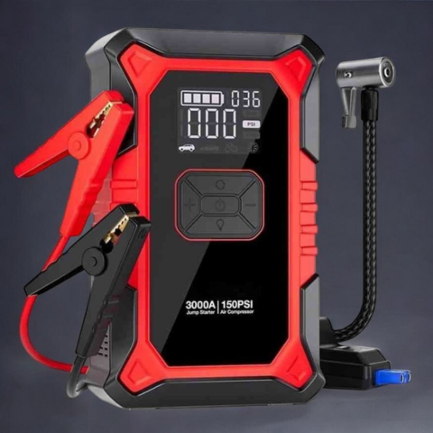 Auto-Starthilfe – Integrierter Kompressor und LED-Lampe 
