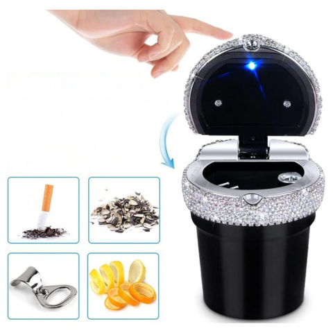 Mini cenicero brillante para coche - Diseño elegante y cierre a prueba de humo